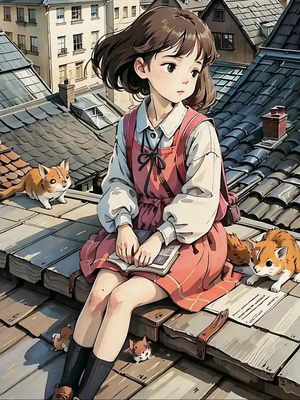 漫蛙品牌插画:坐在屋顶上低头看书的少女,身旁有几只小猫,用来示意安静补番,非作品画面